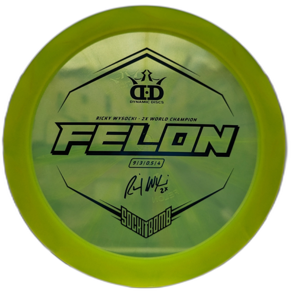 Lucid Glimmer Felon with the Sockibomb stamp from Dynamic Discs. Colour is Yellow.