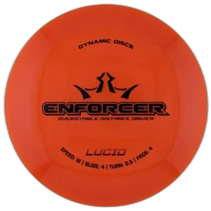 Lucid Enforcer from Dynamic Discs. Colour is Orange with Black Stamp.