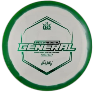 Supreme Orbit Sockibomb General from Dynamic Discs. Colour is White and Green.