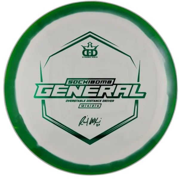 Supreme Orbit Sockibomb General from Dynamic Discs. Colour is White and Green.