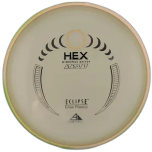 Eclipse Hex from Axiom Discs. Glow plastic with Pink and Green Swirly Rim