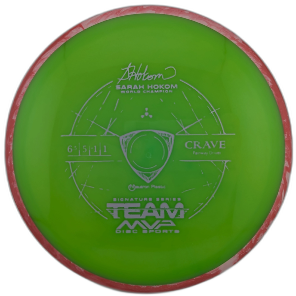 Neutron Crave from Axiom Discs. Green with Red and White Swirly Rim.