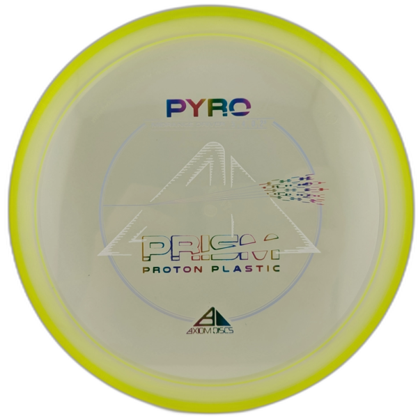 Proton Prism Pyro from Axiom Discs. Clear with Yellow Rim.