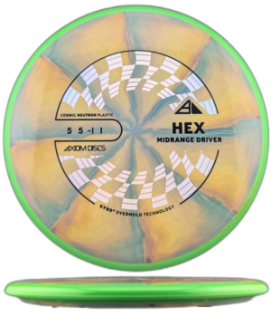 Axiom Discs Hex Cosmic Neutron. Burnt Orange, Purple and Blue Burst with Light Green Rim, 176g